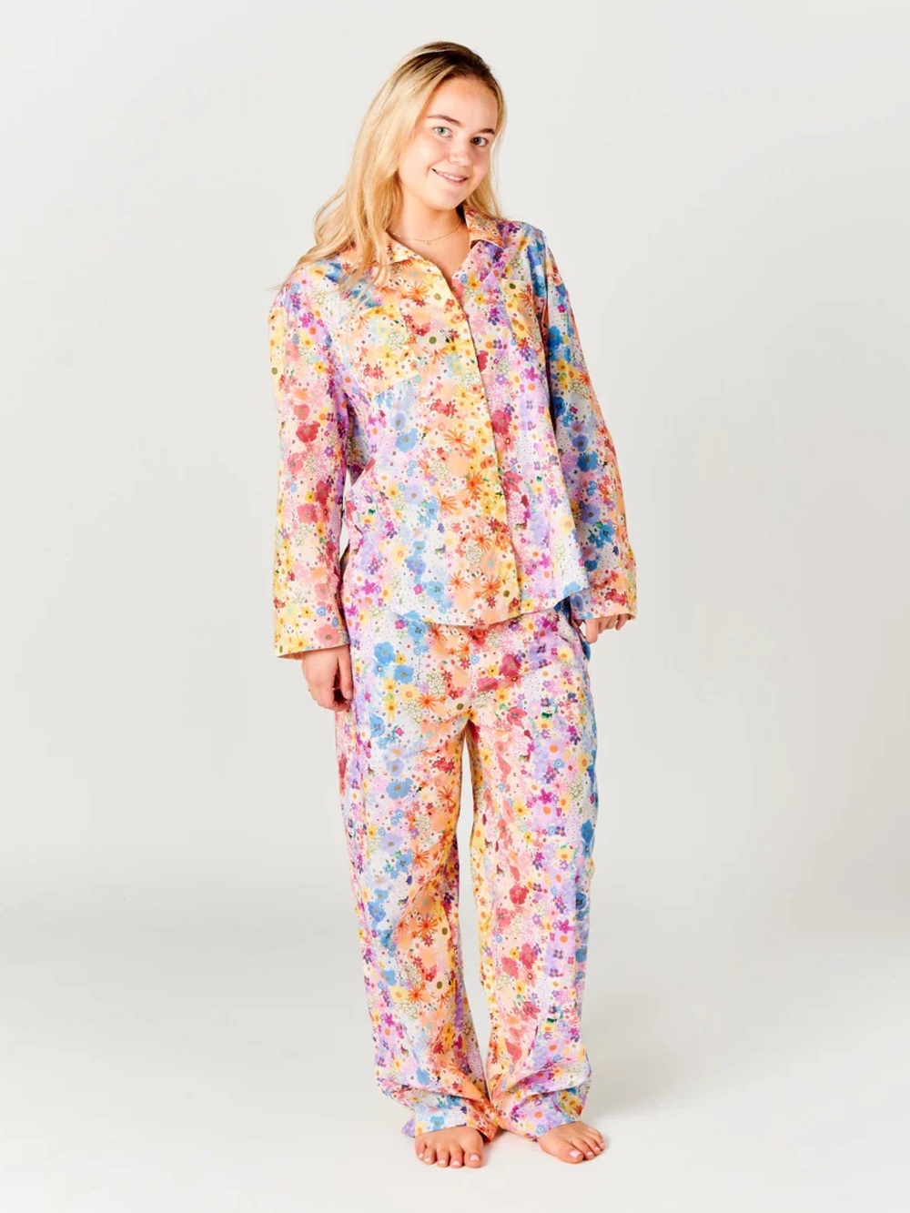 Kip & Co Posie Lane cotton pyjamas in a vibrant rainbow floral print 12